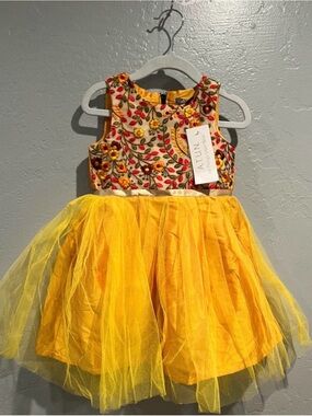 ATUN Yellow Floral Embroidered Tulle Kids Costume Dress